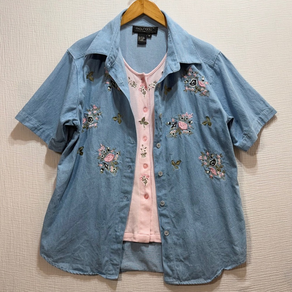 Maurada Embroidered Denim Shirt‎ Set Womens Size M Blue Pink Floral Cottagecore